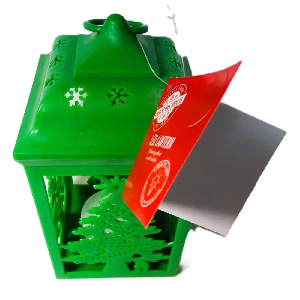 Green LED Christmas Lantern Flickering Light Snowflake & Tree Cutouts 6 inches